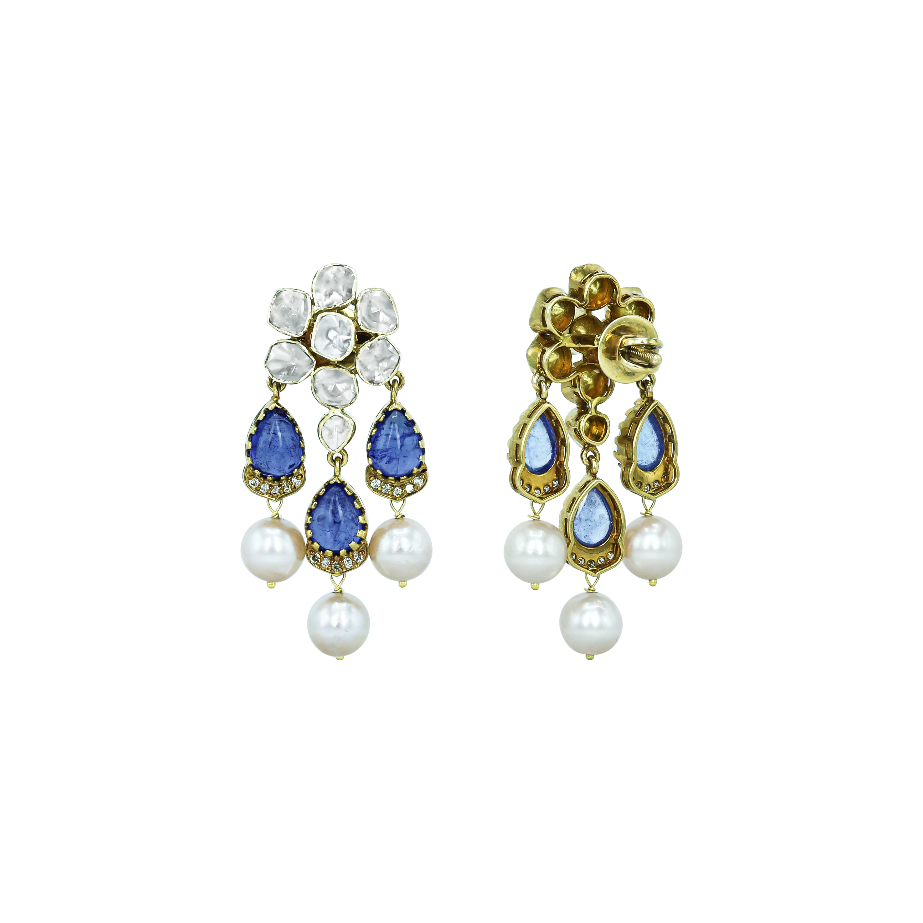 Tanzanite Necklace Set with Polki Diamonds and Pearl Drops